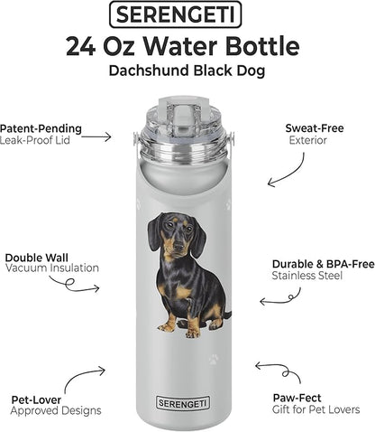 SERENGETI 24 Oz Water Bottle Stainless Steel with Spill Proof Lid - Double walled Vacuum Insulated water flask - Realistic 3D Print of your favorite dog (Dachshund Black)