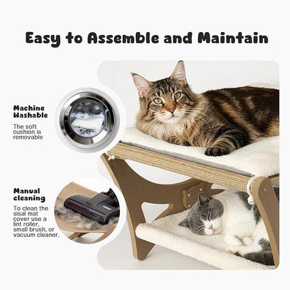 Double-Layer Cat Hammock Bed, Wooden Elevated Cat Beds with Natural Sisal Scratching Mat, Cats Scratcher Bed with Removable Soft Cushion, Cats Scratching Beds with Wood Frames
