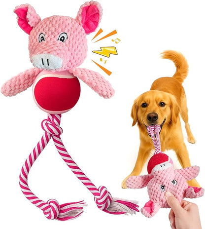 Swooflia Durable Squeaky Dog Toy - Interactive Plush Cute Pig with Rope Legs, Teeth Cleaning Tug Toy for Small Medium and Large Dogs, Puppy Chew Toy for Training and Play