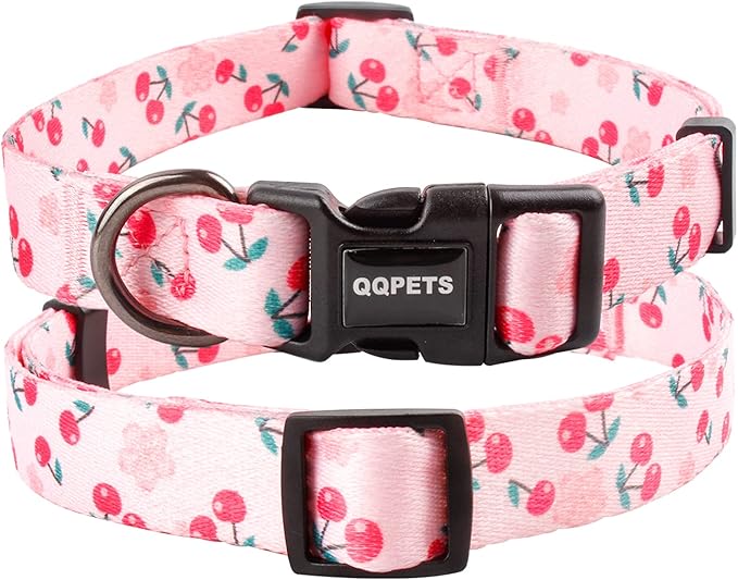 QQPETS Adjustable Soft Dog Collar: Print Flower Pink Multicolor Cute Patterns for XS Small Medium Large Pet Girl Boy Puppy Walking Running Training (S, Sakura Pink)