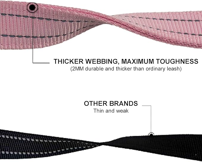 Dual Padded Handle Standard Dog Leashes with Reflective Stitching,360° Rotatable Heavy Duty Metal Buckle,D-Ring,Durable Nylon,for Medium Sized Dogs from 20 to 60 Pounds Walking and Training Pink 5Ft