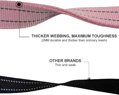 Dual Padded Handle Walking And Training Standard Leashes For Large Dogs With Reflective Stitching, 360° Rotatable Heavy Duty Metal Buckle,D-Ring,Durable Nylon,6Ft Long For Big Dogs Over 70 Pounds Pink