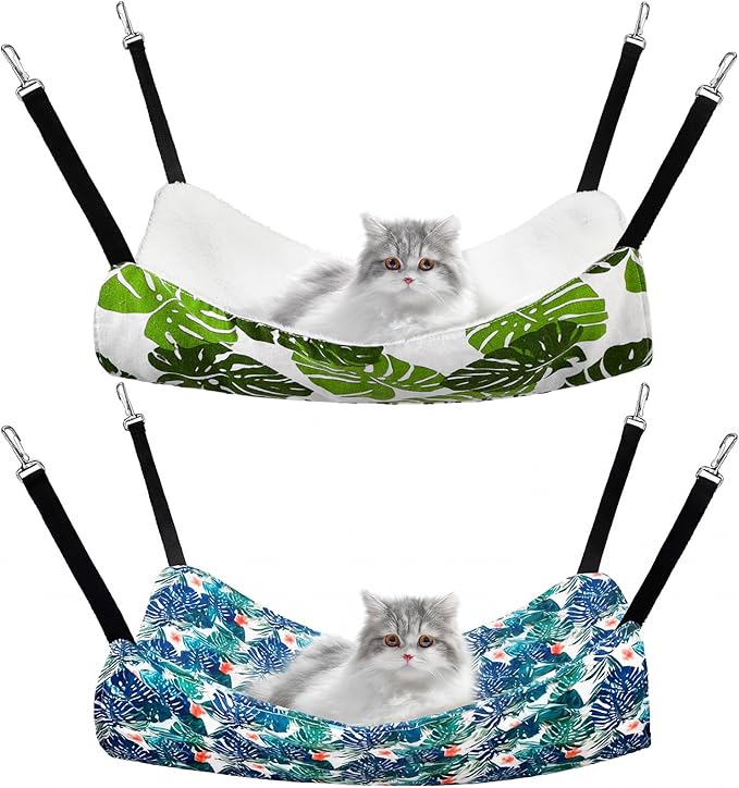 Jetec 2 Pack Cat Hammock for Cage, Catio Accessories Reversible Soft Cats Bed with Adjustable Straps and Hooks Double-Sided Linen and Fleece Hanging Hammock for Cats, Kitten(Monstera Leaf,M)