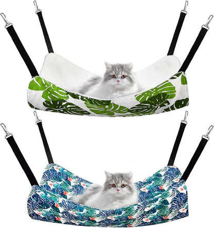 Jetec 2 Pack Cat Hammock for Cage, Catio Accessories Reversible Soft Cats Bed with Adjustable Straps and Hooks Double-Sided Linen and Fleece Hanging Hammock for Cats, Kitten(Monstera Leaf,M)