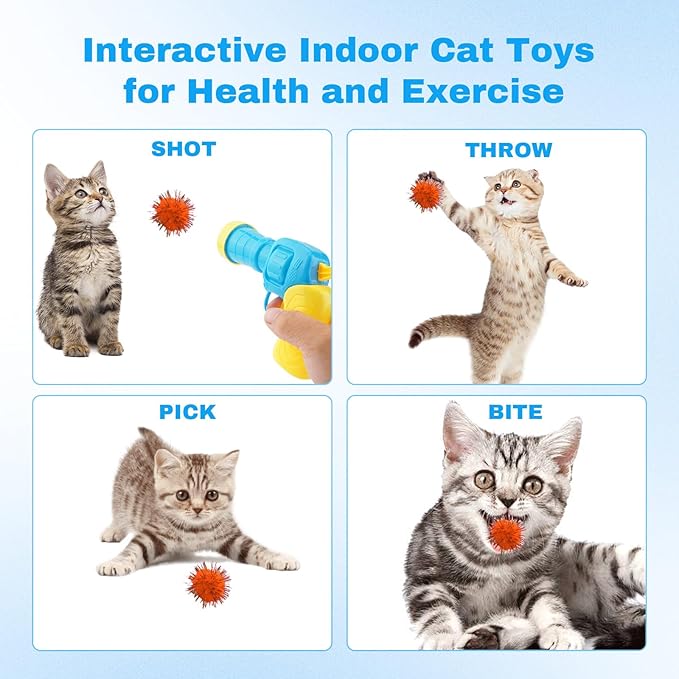 Dorhui Cat Toy Gun Launcher, 30 Pcs Sparkle Pom Pom Balls and Cat Ball Launcher, Cat Fetch Toy Gun Shooter for Indoor, Interactive Glitter Pom Pom Balls for Kitty Gifts
