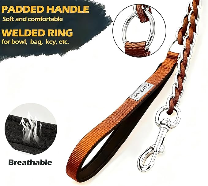 Chain Dog Leash Chew Proof Metal Leash for Medium Large Dogs, Chain Link Dog Anti Chew 5.2FT / 4FT Strong Anti Bite Comfortable Soft Padded Handle (Brown, 4FT（5-30lb）)