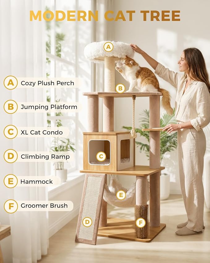 61" Modern Cat Tree Tower for Indoor Cats, Luxury Climbing Tower with Plush Lounge, Kitty Condos, Hammock & Scratching Posts, Classic cat Furniture