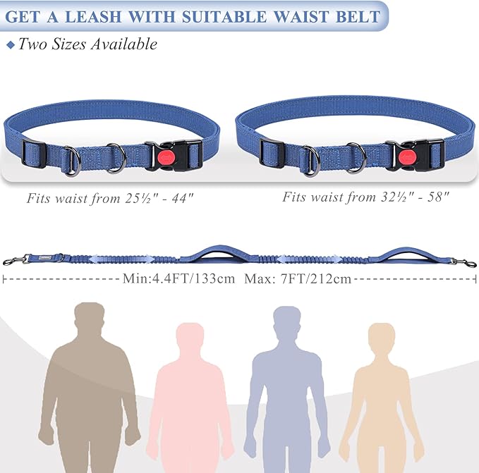 VIVAGLORY Hands Free Dog Leash Bungeetwin Running Dog Leash with Waist Belt for Running Walking & Jogging, Bungee & Around Waist for Pet, S, Navy Blue/Black