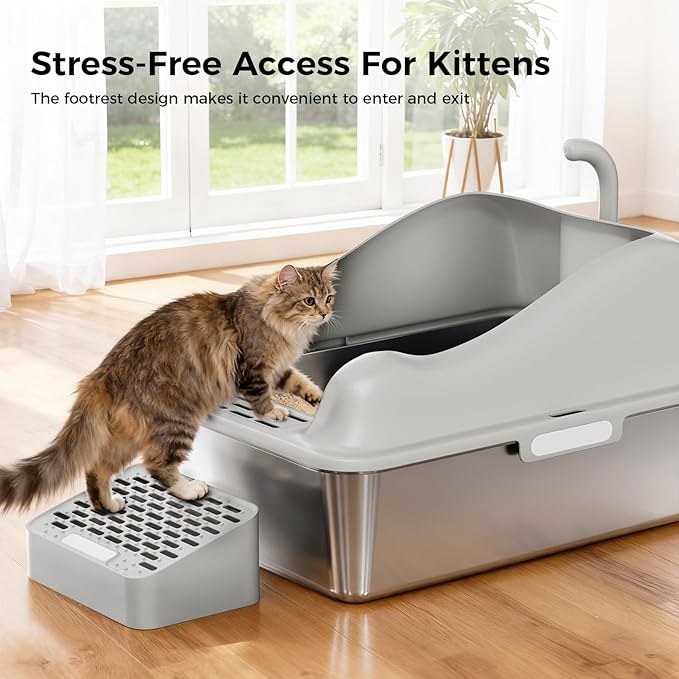 GTPLAYER Stainless Steel Litter Box for Big & Multiple Cats, Easy Clean Odor-Resistant Design, High Sided Leak-Proof Litter Box with Mat & Scoop – Grey 1 Pack