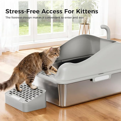 GTPLAYER Stainless Steel Litter Box for Big & Multiple Cats, Easy Clean Odor-Resistant Design, High Sided Leak-Proof Litter Box with Mat & Scoop – Grey 1 Pack