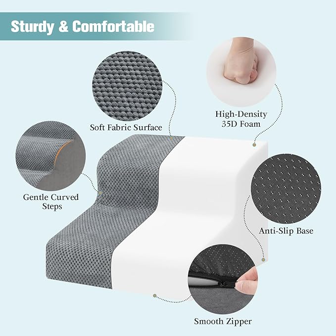 Dog Stairs for Small Dogs, 2-Step Dog Steps for Couch Sofa and Chairs, High-Density Foam Pet Steps Ramp with Removable Washable Cover for Older Injured Puppy Dogs and Cats, 11.81" H, Grey