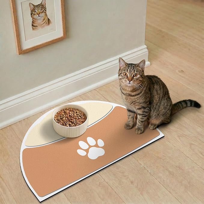 Pet Feeding Mat Semicircle, 20''x12'' Absorbent Mat for Cat Dog Water Bowl, Quick Dry Dog Water Dispenser Mat, Easy Store Cat Food Mats Wipe Clean, Fit with Cage, Living Room, Garden, Tan & Beige