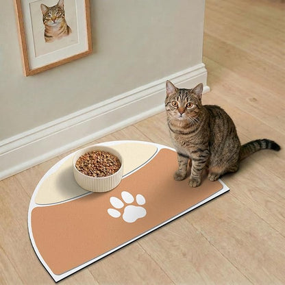 Pet Feeding Mat Semicircle, 20''x12'' Absorbent Mat for Cat Dog Water Bowl, Quick Dry Dog Water Dispenser Mat, Easy Store Cat Food Mats Wipe Clean, Fit with Cage, Living Room, Garden, Tan & Beige