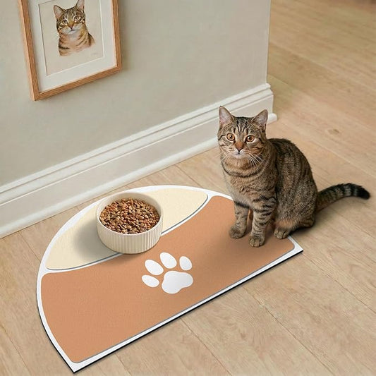 Pet Feeding Mat Semicircle, 20''x12'' Absorbent Mat for Cat Dog Water Bowl, Quick Dry Dog Water Dispenser Mat, Easy Store Cat Food Mats Wipe Clean, Fit with Cage, Living Room, Garden, Tan & Beige