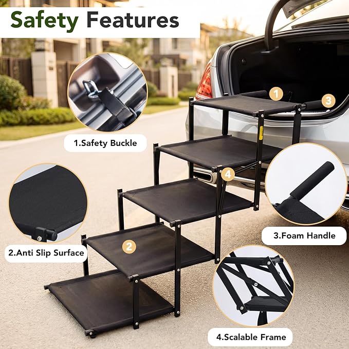Extra Wide Dog Stairs for Car, Foldable Pet Steps for Large Dogs with Non Slip Surface, Dog Ramp for Truck and SUV, Portable Pet Stairs Supports Up to 150 Lbs (5 Steps)