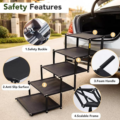 Extra Wide Dog Stairs for Car, Foldable Pet Steps for Large Dogs with Non Slip Surface, Dog Ramp for Truck and SUV, Portable Pet Stairs Supports Up to 150 Lbs (5 Steps)