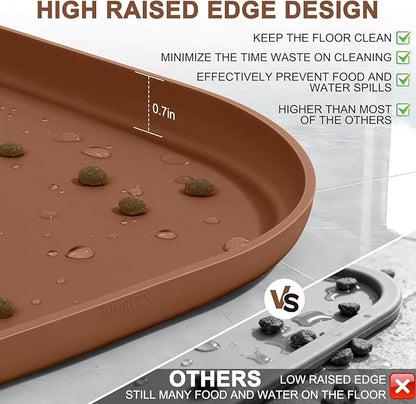Small Silicone Pet Food Mat with Raised Edge for Food and Water Bowl, Square Dog Feeding Mats, Cat Food Trays for Floor Waterproof, Rubber Tray for Dogs and Cats, 12 x 12 x 0.7 Brown