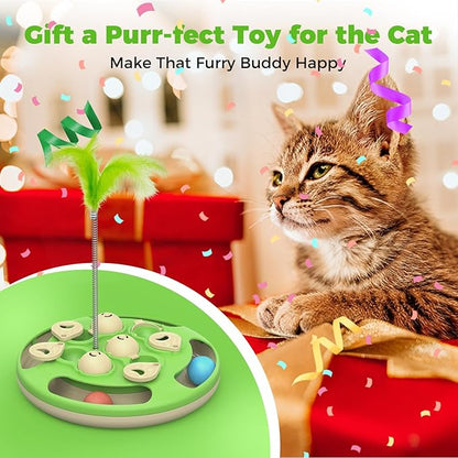 Cat Puzzle Toys Games Level 3 in 1 with Track Balls, Feather Teaser & Treat Feeder | Non-Slip Base | Mental Stimulation Enrichment for Indoor Cats | Kitty Gift, Green