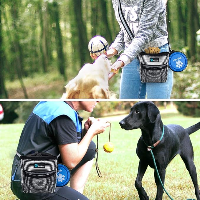 PetAmi Dog Treat Pouch, Pet Treat Pouch For Training, Dog Walking Bag Holder for Kibbles, Pet Food Toy, Dog Trainer Essentials Supplies, Poop Bag Dispenser, 3 Ways to Wear (Black Stripes)