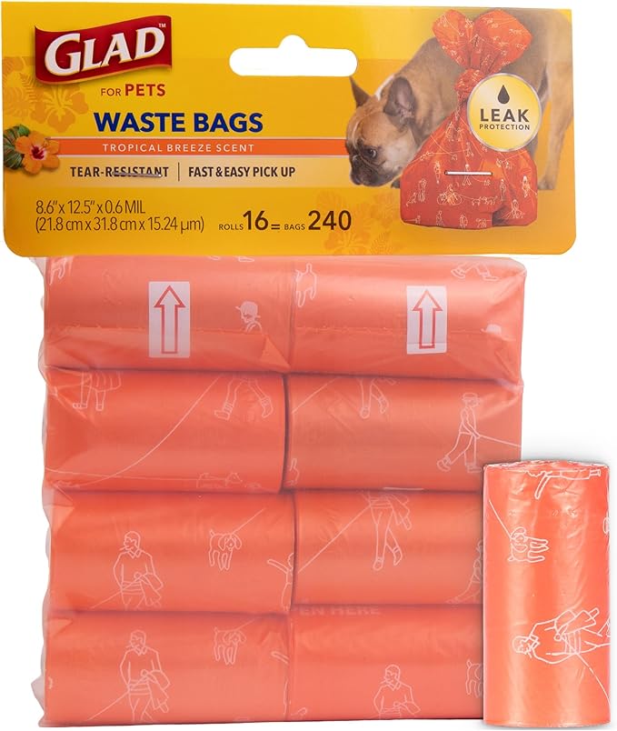 Glad for Pets Large Dog Waste Bags, Scented, Tear-Resistant, 16 Rolls | Heavy Duty Dog Poop Bags for Fast and Easy Waste Cleanup | 16 Rolls Waste Bags, 240 Bags Total