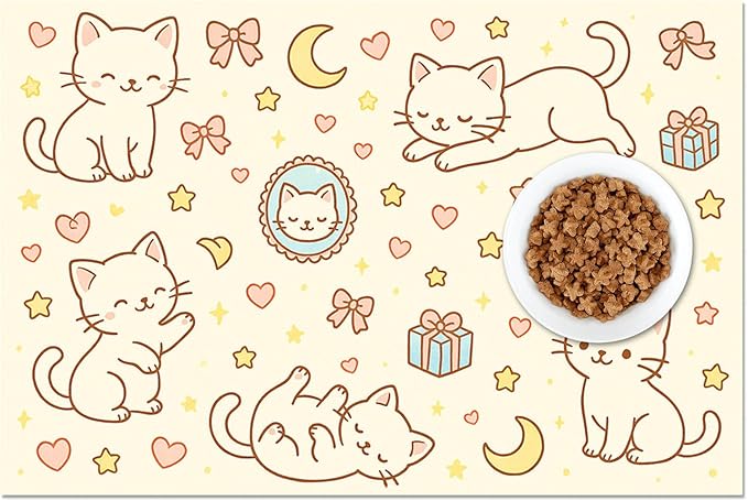 Cute Sweet Cat Food Mat for Dog Food Mat Food and Water Bowl Pet Feeding Bowl Mats for Pet Feeding Areas Easy Clean Fast Dry Feedings Pad Cats, Kittens & Small Dogs 24" x 16"