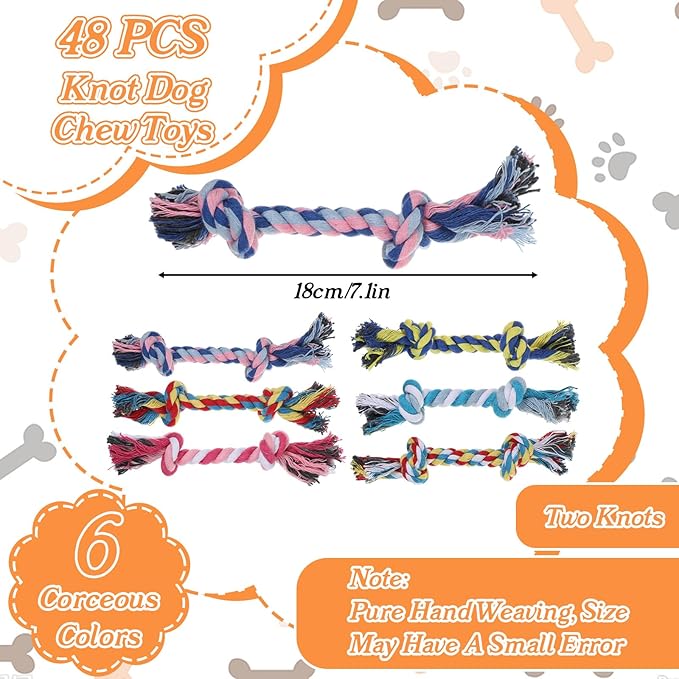 48Pcs Dog Rope Toys Bulk Pack - Durable Cotton Chew Teething Toys for Aggressive Chewers, Small & Medium Dogs, Puppies, 7.1in Multi-Color Rope Toy