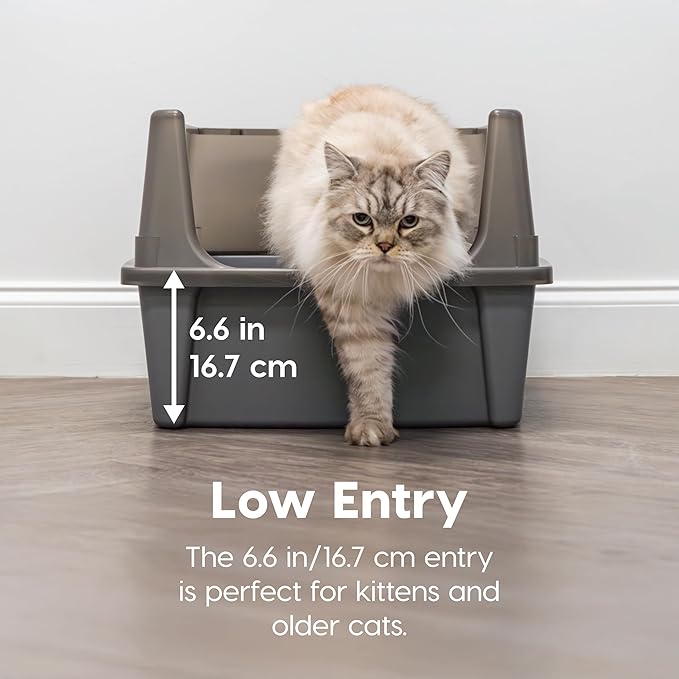 IRIS USA XX-Large Open Top Cat Litter Box with High Sided Walls Tall Scatter Shield Scoop Included Easy Clean Plastic Pan for Big Cats Kittens Multi-Cat Households 30" L x 20" W x 14" H Gray