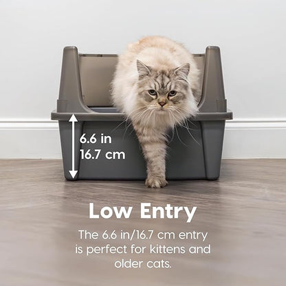 IRIS USA XX-Large Open Top Cat Litter Box with High Sided Walls Tall Scatter Shield Scoop Included Easy Clean Plastic Pan for Big Cats Kittens Multi-Cat Households 30" L x 20" W x 14" H Gray
