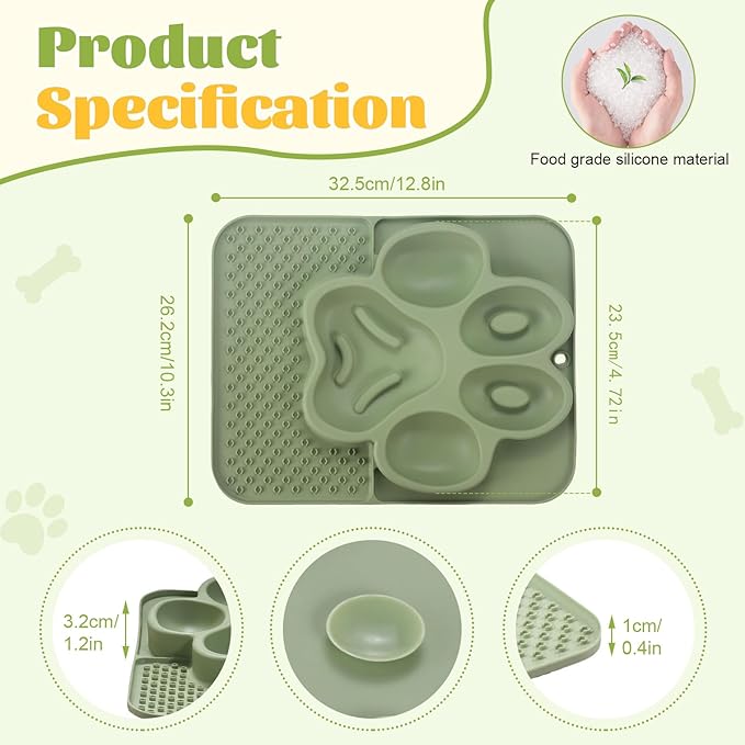 Silicone Slow Feeder Dog Bowls & Cat Bowls, 2 Cups Small Pet Food Bowl with Non-Slip Suction Base, Food-Grade Safe Puzzle Feeder for Small & Medium Dogs & Indoor Cats (Paw Lick Mat (Green))