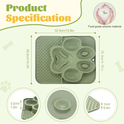 Silicone Slow Feeder Dog Bowls & Cat Bowls, 2 Cups Small Pet Food Bowl with Non-Slip Suction Base, Food-Grade Safe Puzzle Feeder for Small & Medium Dogs & Indoor Cats (Paw Lick Mat (Green))