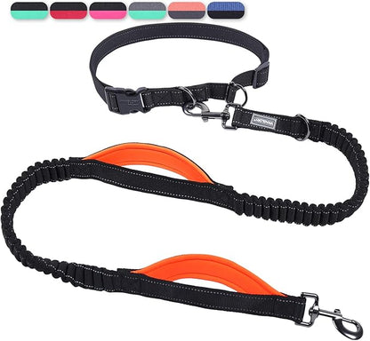 VIVAGLORY Hands Free Dog Leash Bungeetwin Running Dog Leash with Waist Belt for Running Walking & Jogging, Bungee & Around Waist for Pet, M, Black/Orange