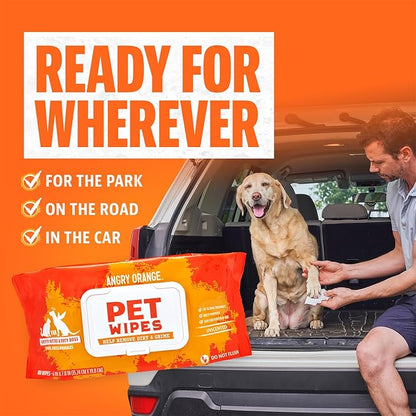 Angry Orange Unscented Pet Wipes - Hypoallergenic & Fragrance-Free With Aloe & Chamomile - Thick Grooming Wipes for Paws, Fur, Butt - Safe for Dogs & Cats - 320 Count - Value 4 Pack