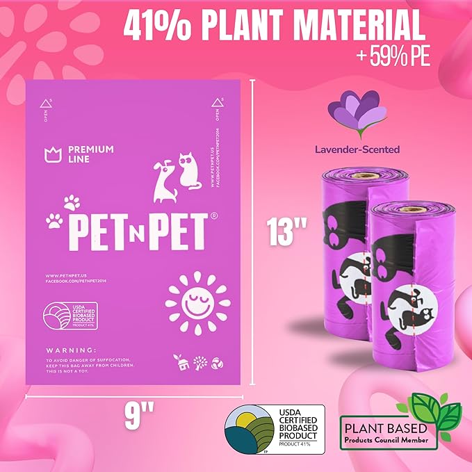 PET N PET Dog Poop Bags Scented, Value Pack 960 Count, Dog Bags Refill Rolls for Doggy Poo, Cat Litter Waste, Thick and Leak-Proof Sac CaCa Chien 41% Plant Based (Lavender)