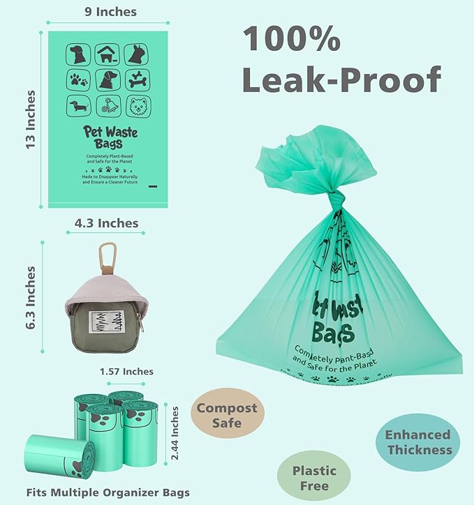 AYOTEE 100% Compostable Dog Poop Bags with Dispenser, 280 Count, Plastic-free, BPI Certified Biodegradable Poop Bags for Dogs & Cats, Easy to Open, 20 Microns Extra Thick & Leakproof Dog Waste Bags