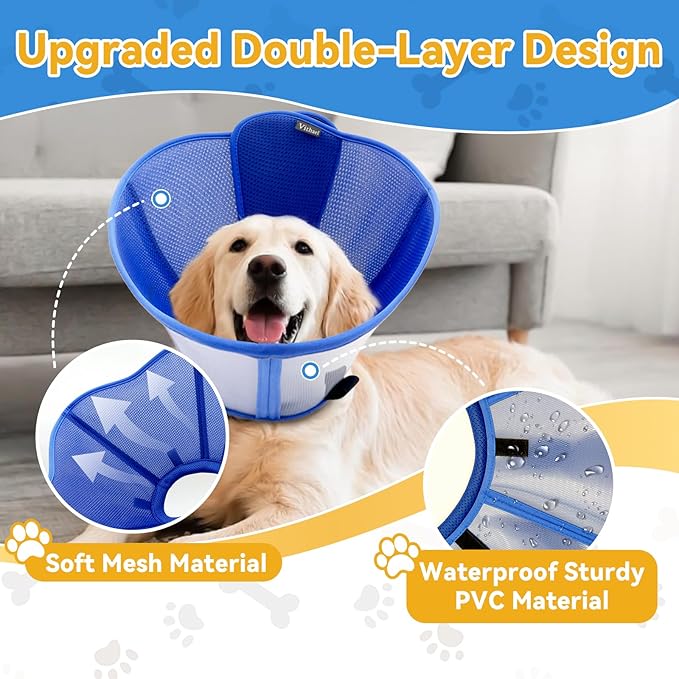 Upgraded Dog Cone Collar for Large Medium Dogs, Soft Dog Cone with Double-Layer Design, Adjustable Pet Recovery Collar for Dogs After Surgery, Elizabethan Collar (XS, Blue)