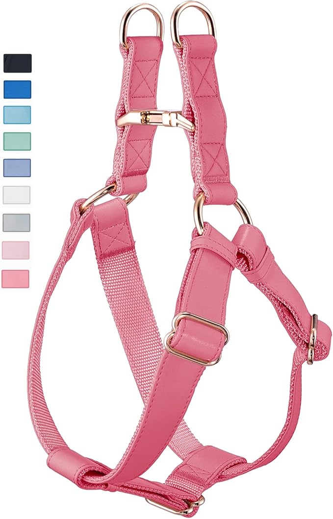 Soft Leather No Pull Dog Harness - Adjustable Step in Dog Harness with Rose Gold Heavy Duty Metal Buckle, Freedom Nylon Dog Halter Vests for Small Medium Large Dogs Easy Walking Training L, Dark Pink