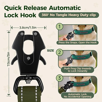 Detachable Heavy Duty Tactical Dog Leash, 9.7FT Hand-Free Bungee Shock Absorption Leash with Padded Handle Quick Release Metal Clip Car Seatbelt No Pull Training Lead for Large Medium Dogs (Green)