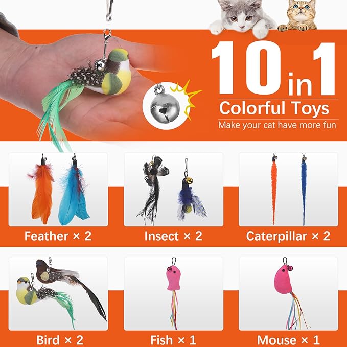 PAWCHIE Cat Wand Toy,19 Pcs Interactive Cat Feather Toy,Reusable Suction Cup Cat Bird Simulation Toy Set,Self Play Cat Kitten Toys for Indoor Play Exercise，Hanging String and Mouse Toy