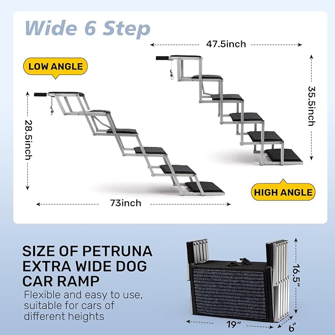 Extra Wide Dog Steps for Car, Truck and SUV - Foldable Pet Stairs for Large Dogs with Non-Slip Rug Surface, Lightweight Dog Ramp Holds Up to 250lbs, 6 Steps