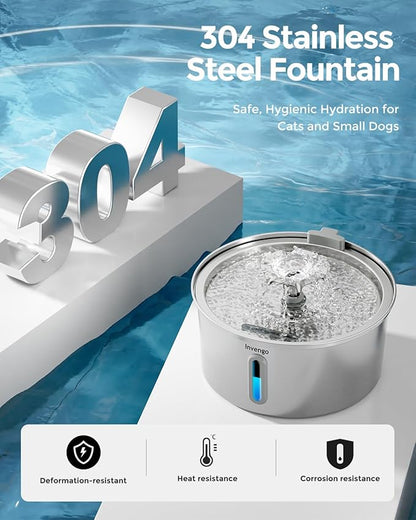 Cat Water Fountain Stainless Steel 3.2L/108oz, Invengo Automatic Pet Fountain for Cats & Dogs, Ultra Quiet <25 dB Pump, Includes 8 Replacement Filters & Sponges, LED Water Level Window, Easy to Clean