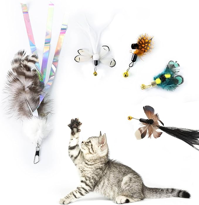 Hokaad Cat Insect Feather Toys - Feather Wand & 6 Natural Insect Refills - Interactive Cat Teaser with Bell