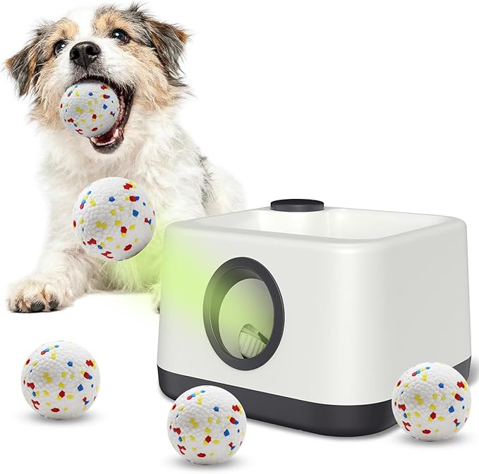 Automatic Dog Ball Launcher Square with 4 EPTU Balls (White+Gray)