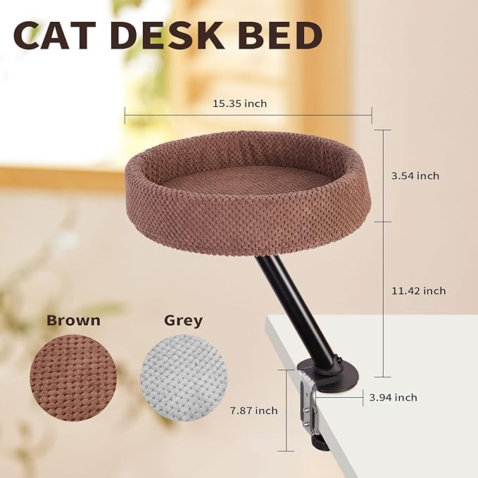 Cat Desk Bed, Cat Nest Bed for Desk Supports Up to 60 lbs, 360° Rotation Soft Cats Hammock, Nest Desktop Attachment Cats Hammock for Various Desktop Side Table Furniture(Brown)