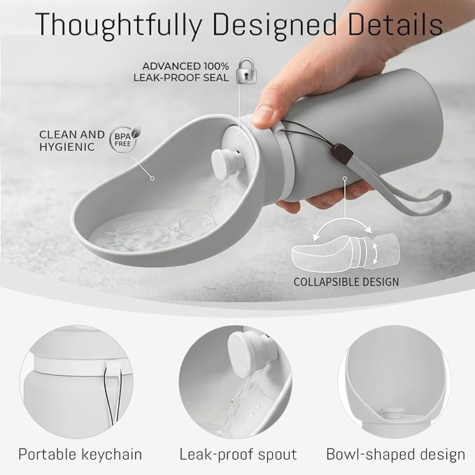 Portable Dog Water Bottle – Collapsible Silicone 2-in-1 Travel Bottle & Drinking Bowl, 550ml / 19oz, One-Hand Operation for Walking Hiking Camping, Fits Small Medium Large Dogs