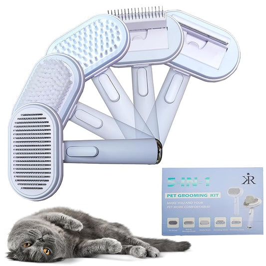 Pet Grooming Brush with Release Button, 5-in-1 Comb for Dogs & Cats, Hair Remover and Massaging Tool for Long or Short Hair