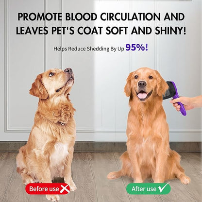 3PC Dog Brush Kit - Self-Cleaning Slicker Brush with Bath Brush & Undercoat Rake | Deshedding Tools for Large - Small Dogs & Cats, Professional Pet Grooming Set for Heavy Shedding, Purple