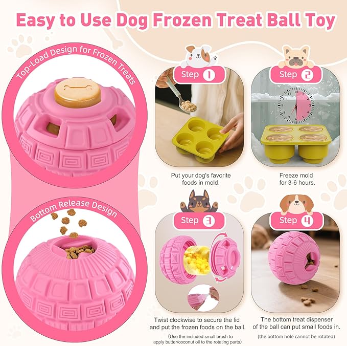 Interactive Dog Frozen Treat Toys, Dog Puzzle Enrichment Ball to Keep Them Busy, Slow Food Training, Durable Rubber Chew Dispensing Toy, Freezable Fillable Ball, for Small Medium Large Dogs (Pink)