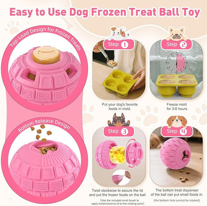 Interactive Dog Frozen Treat Toys, Dog Puzzle Enrichment Ball to Keep Them Busy, Slow Food Training, Durable Rubber Chew Dispensing Toy, Freezable Fillable Ball, for Small Medium Large Dogs (Pink)