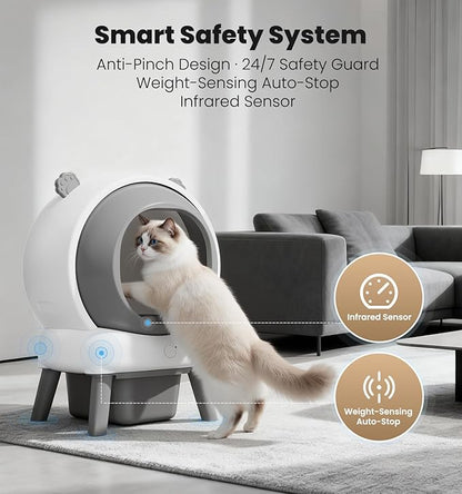 Self Cleaning Litter Box for Multiple Cats, Automatic Litter Box with APP Real-Time Monitor, Dual Safety Protection, Odor-Free Waste Disposal Includes Trash Bags, Gray