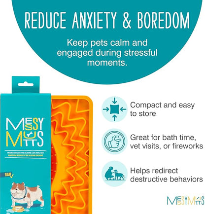Messy Mutts Framed Silicone Therapeutic Licking Bowl Mat | 9.5" x 9.5" | Slow Feeder Mat for Boredom & Anxiety | Lick Pad for Dogs & Cats | Orange